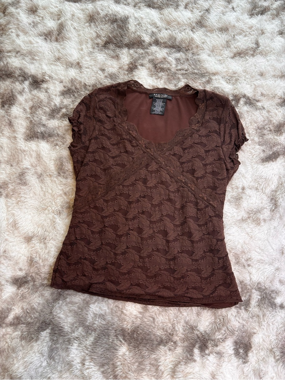 Rampage Brown Lace Cap-Sleeve V-Neck Top